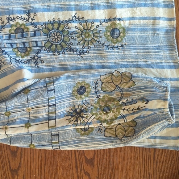 new EMBROIDERED Tassel TIE NECK PEASANT TOP blue/cream stripe Boho NWT Sz S - Picture 5 of 8